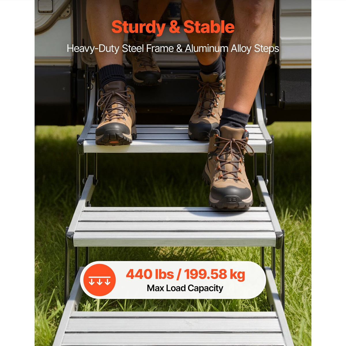 RV Steps, 3-Step, 440 lbs Load Capacity, Manual Retractable RV Stairs, Telescopic Folding Aluminum Alloy Camper Steps, Steel Frame Non-Slip Entry Stairs for Camper Van Motorhome Travel Trailer