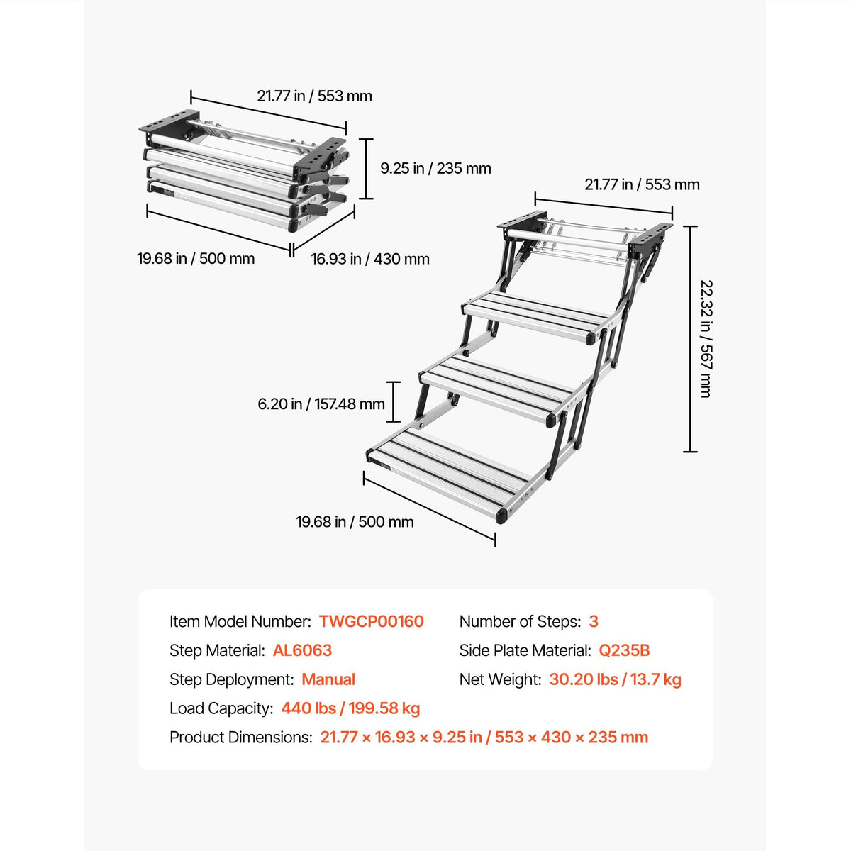 RV Steps, 3-Step, 440 lbs Load Capacity, Manual Retractable RV Stairs, Telescopic Folding Aluminum Alloy Camper Steps, Steel Frame Non-Slip Entry Stairs for Camper Van Motorhome Travel Trailer