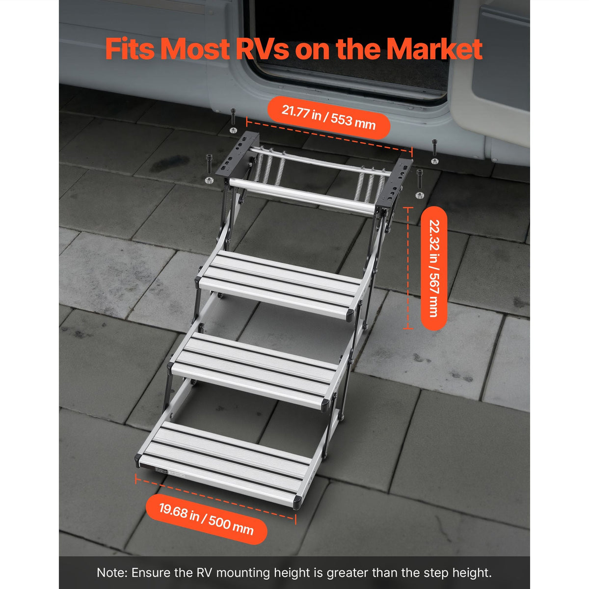 RV Steps, 3-Step, 440 lbs Load Capacity, Manual Retractable RV Stairs, Telescopic Folding Aluminum Alloy Camper Steps, Steel Frame Non-Slip Entry Stairs for Camper Van Motorhome Travel Trailer