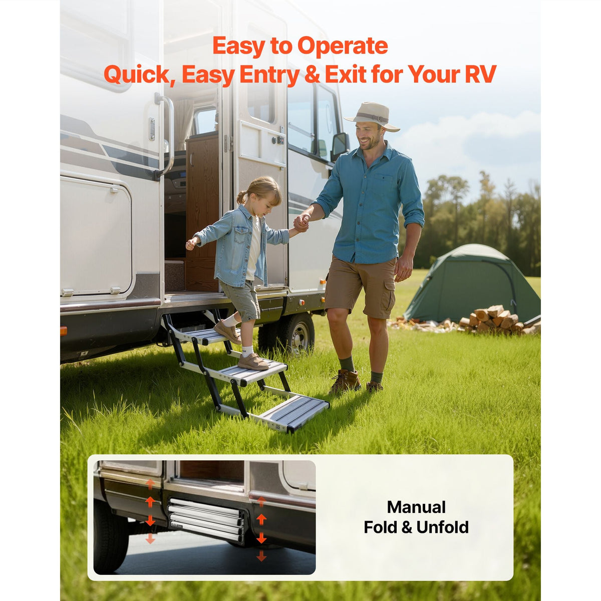 RV Steps, 3-Step, 440 lbs Load Capacity, Manual Retractable RV Stairs, Telescopic Folding Aluminum Alloy Camper Steps, Steel Frame Non-Slip Entry Stairs for Camper Van Motorhome Travel Trailer