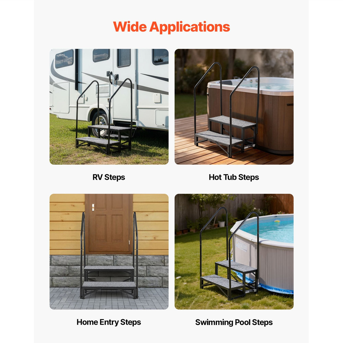 RV Steps with Dual Handrails, 2 Steps, 660 lbs Load Capacity, Heavy Duty Outdoor RV Stairs with Non-Slip Mat for Elderly/Pets, Portable Stairs for Hot Tub, Camper, Mobile Home, Porch, Pool, SPA