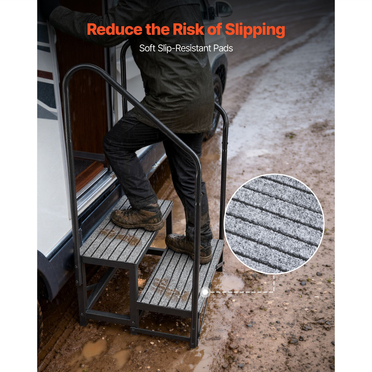 RV Steps with Dual Handrails, 2 Steps, 660 lbs Load Capacity, Heavy Duty Outdoor RV Stairs with Non-Slip Mat for Elderly/Pets, Portable Stairs for Hot Tub, Camper, Mobile Home, Porch, Pool, SPA