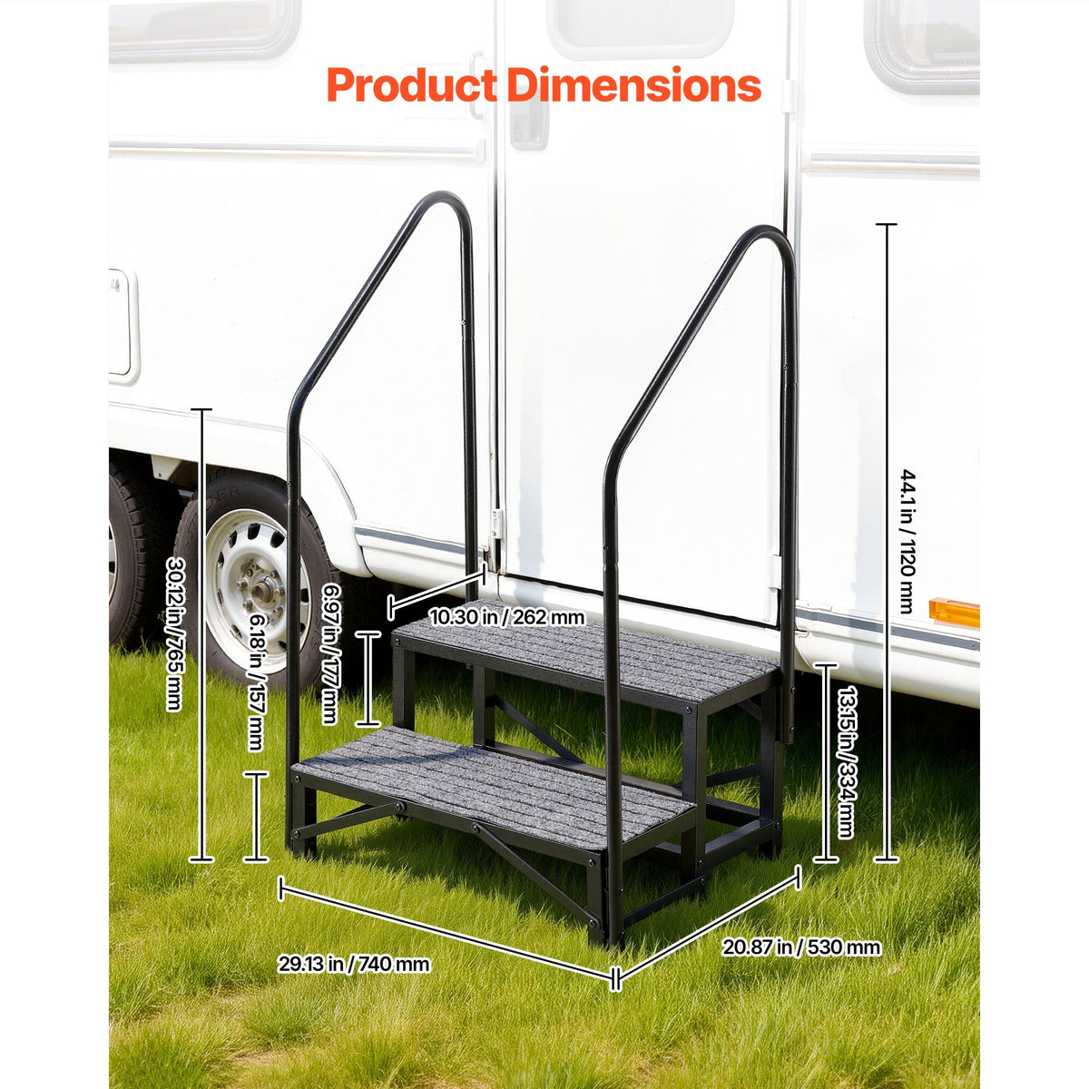 RV Steps with Dual Handrails, 2 Steps, 660 lbs Load Capacity, Heavy Duty Outdoor RV Stairs with Non-Slip Mat for Elderly/Pets, Portable Stairs for Hot Tub, Camper, Mobile Home, Porch, Pool, SPA