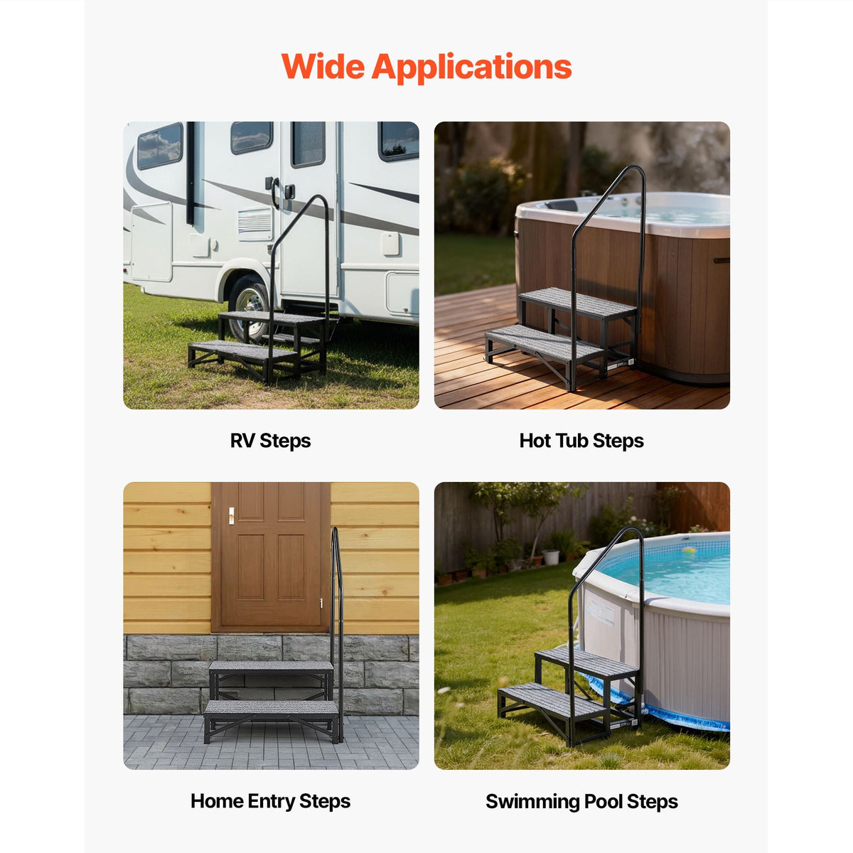 RV Steps with Handrail, 2 Steps, 660 lbs Load Capacity, Heavy Duty Outdoor RV Stairs with Non-Slip Mat for Elderly and Pets, Portable Stairs for Hot Tub, Camper, Mobile Home, Porch, Pool, SPA