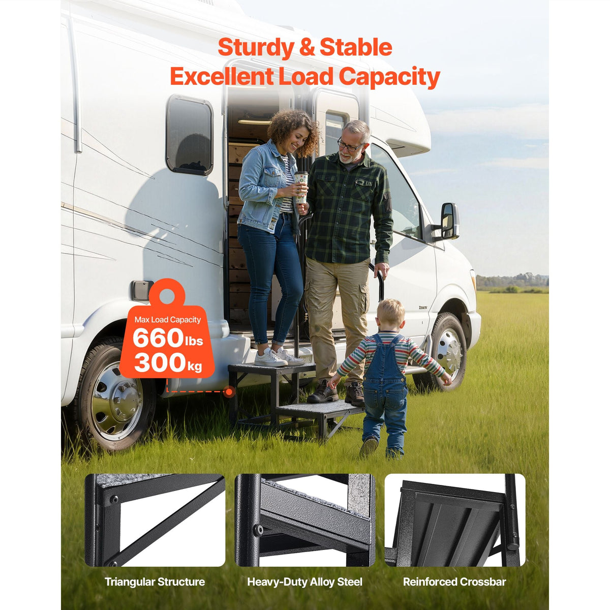 RV Steps with Handrail, 2 Steps, 660 lbs Load Capacity, Heavy Duty Outdoor RV Stairs with Non-Slip Mat for Elderly and Pets, Portable Stairs for Hot Tub, Camper, Mobile Home, Porch, Pool, SPA