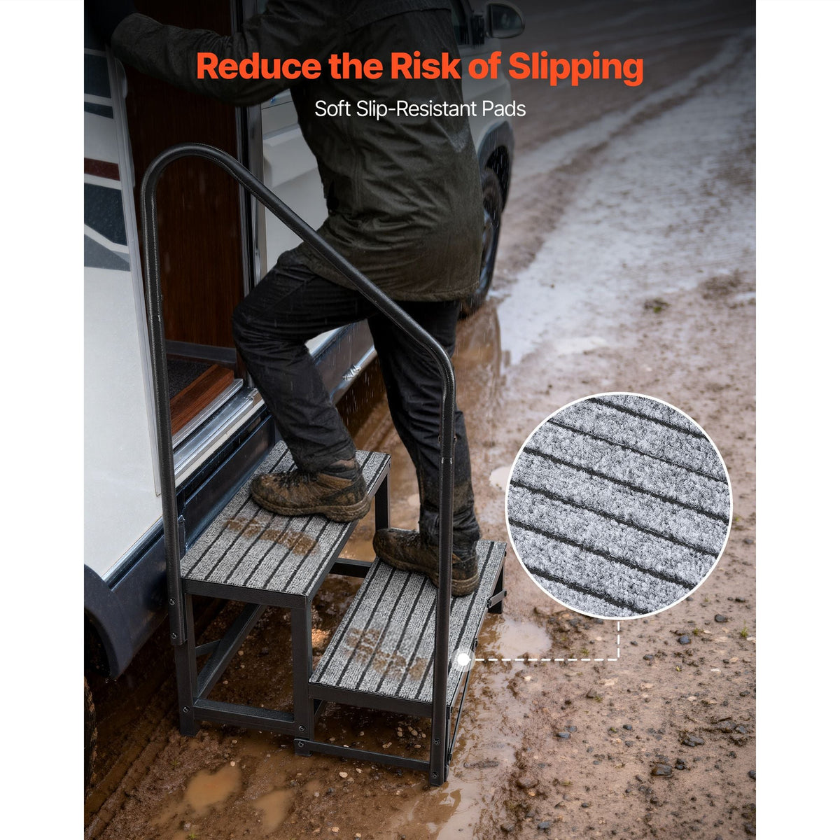 RV Steps with Handrail, 2 Steps, 660 lbs Load Capacity, Heavy Duty Outdoor RV Stairs with Non-Slip Mat for Elderly and Pets, Portable Stairs for Hot Tub, Camper, Mobile Home, Porch, Pool, SPA