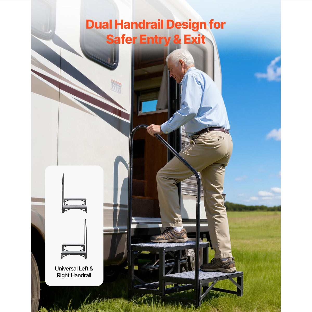 RV Steps with Handrail, 2 Steps, 660 lbs Load Capacity, Heavy Duty Outdoor RV Stairs with Non-Slip Mat for Elderly and Pets, Portable Stairs for Hot Tub, Camper, Mobile Home, Porch, Pool, SPA