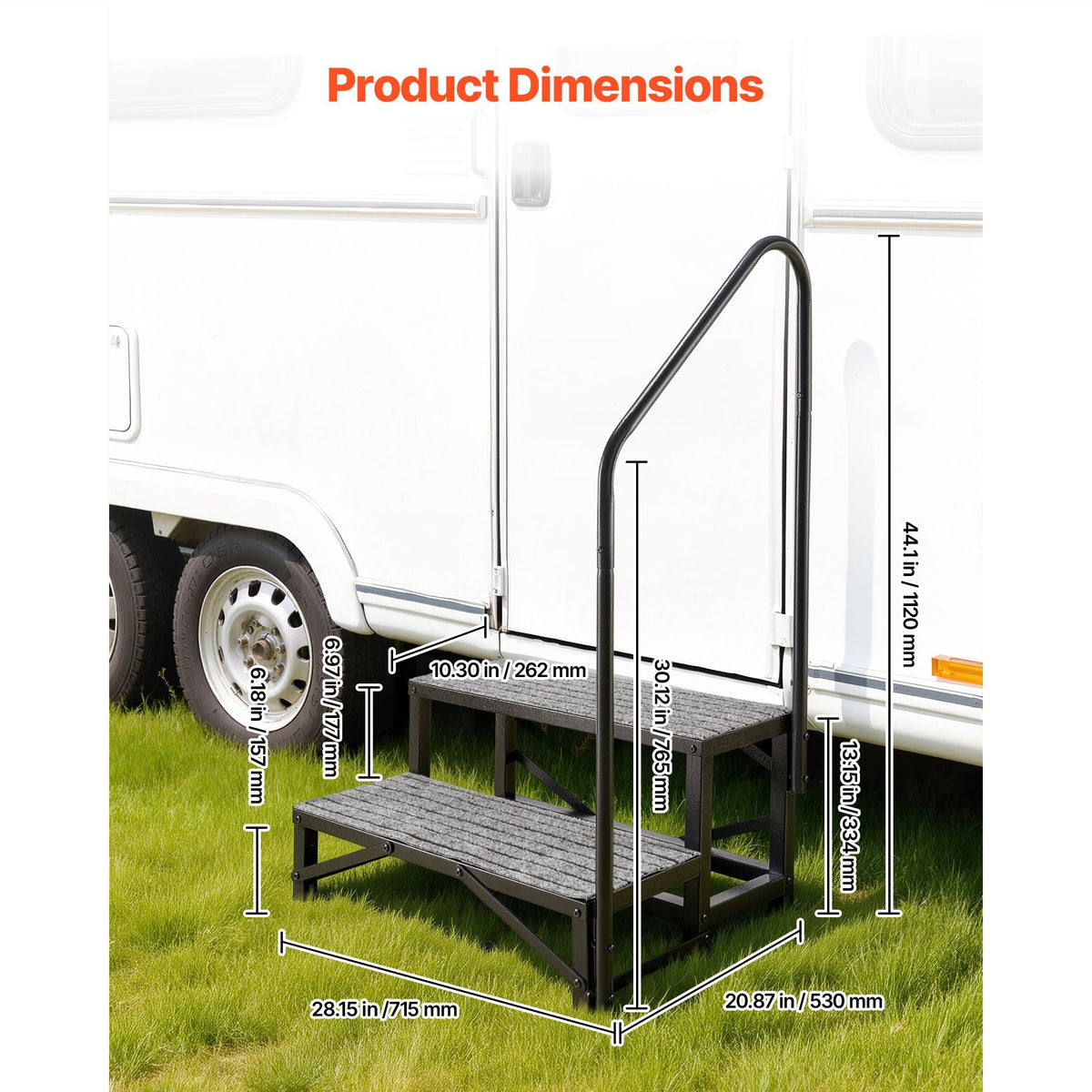 RV Steps with Handrail, 2 Steps, 660 lbs Load Capacity, Heavy Duty Outdoor RV Stairs with Non-Slip Mat for Elderly and Pets, Portable Stairs for Hot Tub, Camper, Mobile Home, Porch, Pool, SPA