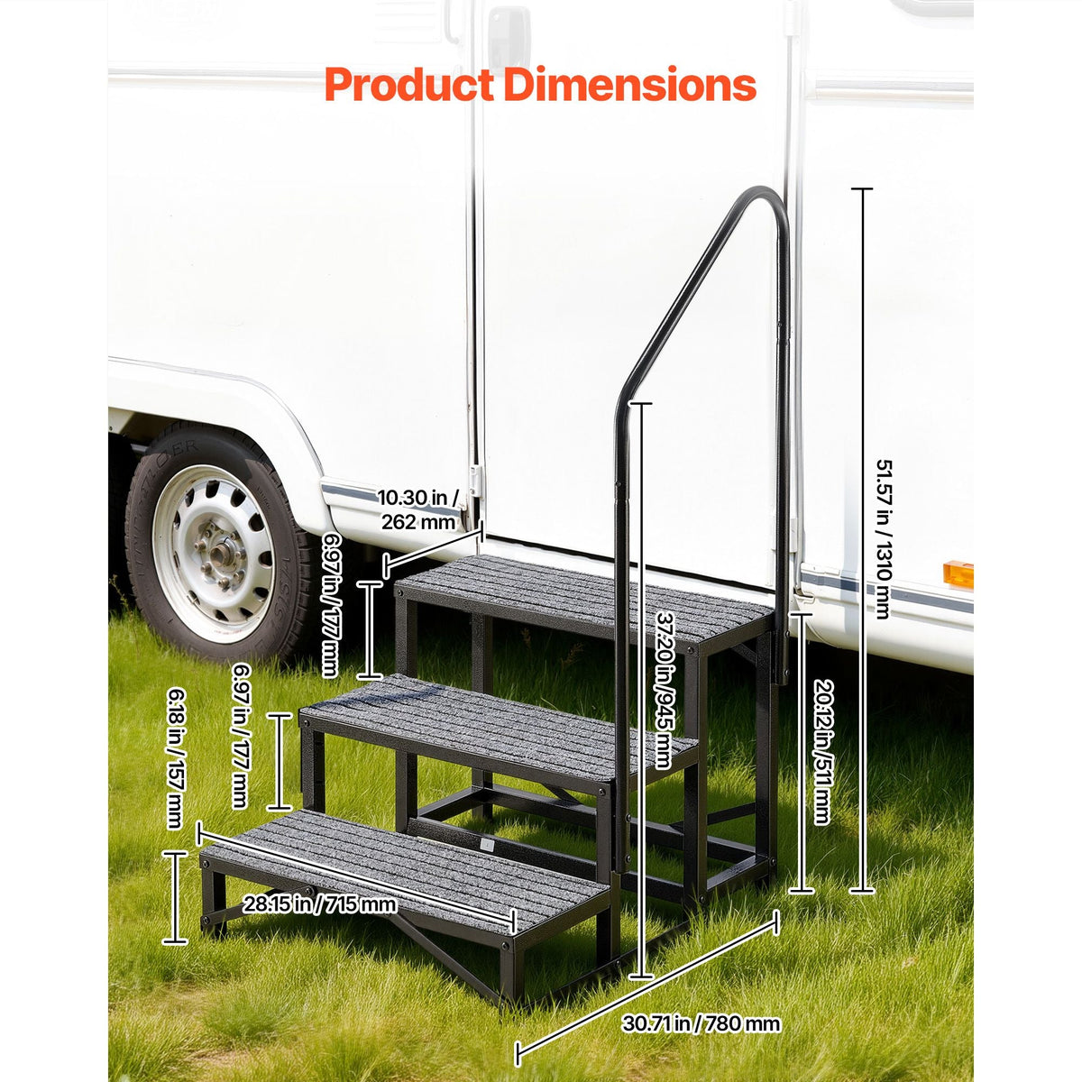 RV Steps with Handrail, 3 Steps, 660 lbs Load Capacity, Heavy Duty Outdoor RV Stairs with Non-Slip Mat for Elderly and Pets, Portable Stairs for Hot Tub, Camper, Mobile Home, Porch, Pool, SPA