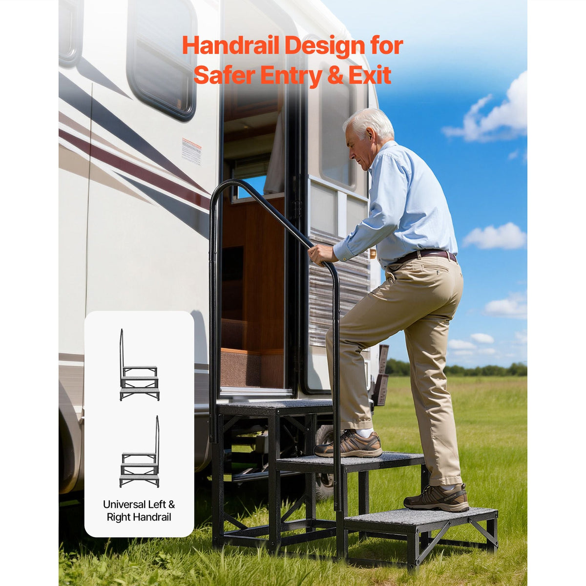 RV Steps with Handrail, 3 Steps, 660 lbs Load Capacity, Heavy Duty Outdoor RV Stairs with Non-Slip Mat for Elderly and Pets, Portable Stairs for Hot Tub, Camper, Mobile Home, Porch, Pool, SPA