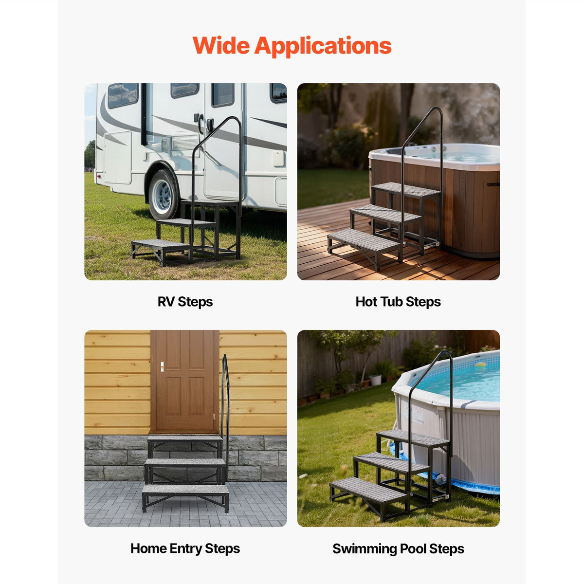 RV Steps with Handrail, 3 Steps, 660 lbs Load Capacity, Heavy Duty Outdoor RV Stairs with Non-Slip Mat for Elderly and Pets, Portable Stairs for Hot Tub, Camper, Mobile Home, Porch, Pool, SPA