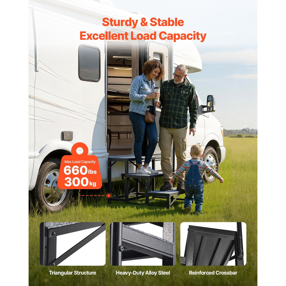 RV Steps with Handrail, 3 Steps, 660 lbs Load Capacity, Heavy Duty Outdoor RV Stairs with Non-Slip Mat for Elderly and Pets, Portable Stairs for Hot Tub, Camper, Mobile Home, Porch, Pool, SPA