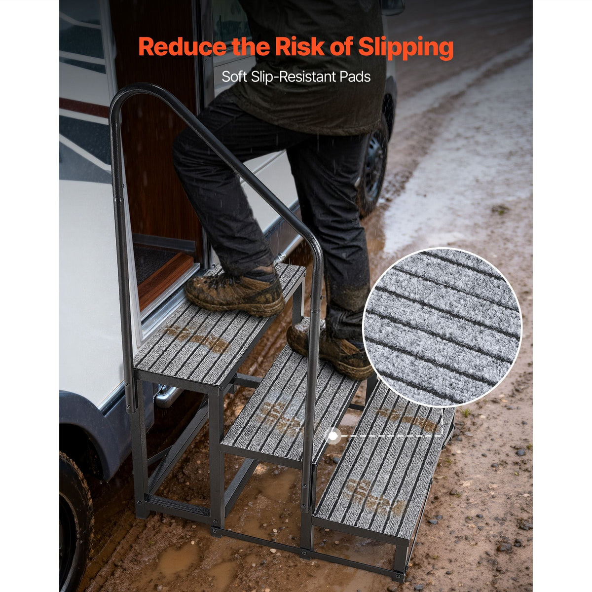 RV Steps with Handrail, 3 Steps, 660 lbs Load Capacity, Heavy Duty Outdoor RV Stairs with Non-Slip Mat for Elderly and Pets, Portable Stairs for Hot Tub, Camper, Mobile Home, Porch, Pool, SPA