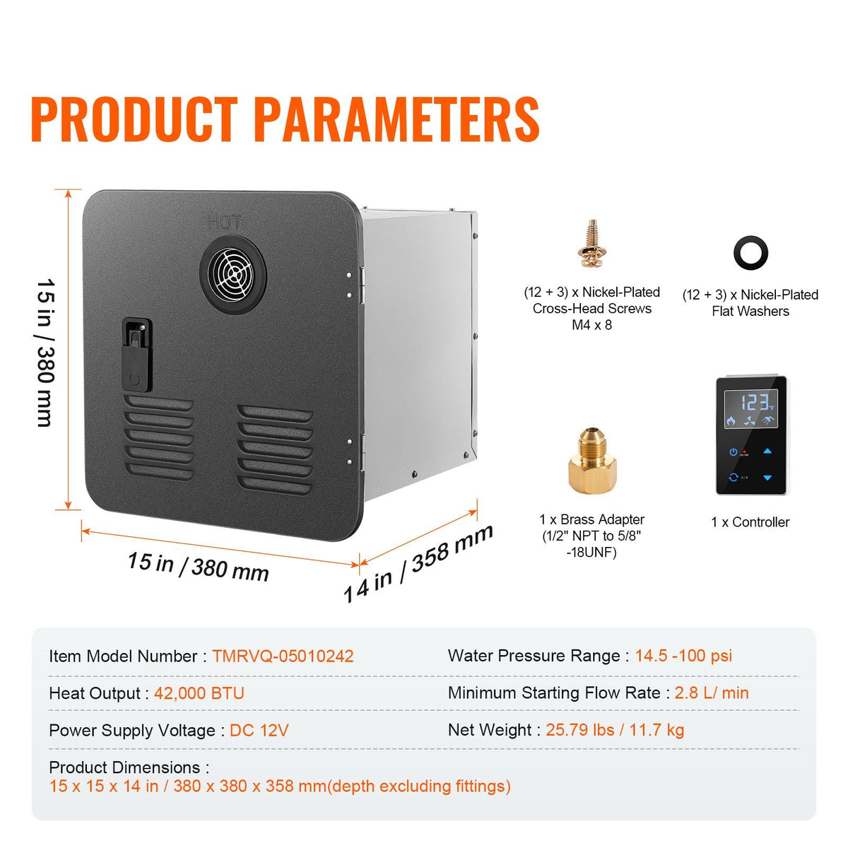RV Tankless Water Heater, Instant Shower with 15 x 15 inches Black Door and Remote Controller, 42000BTU Optimized Comfort Performance Hot Water, Ideal for RVers' Family Everyday Use, Black