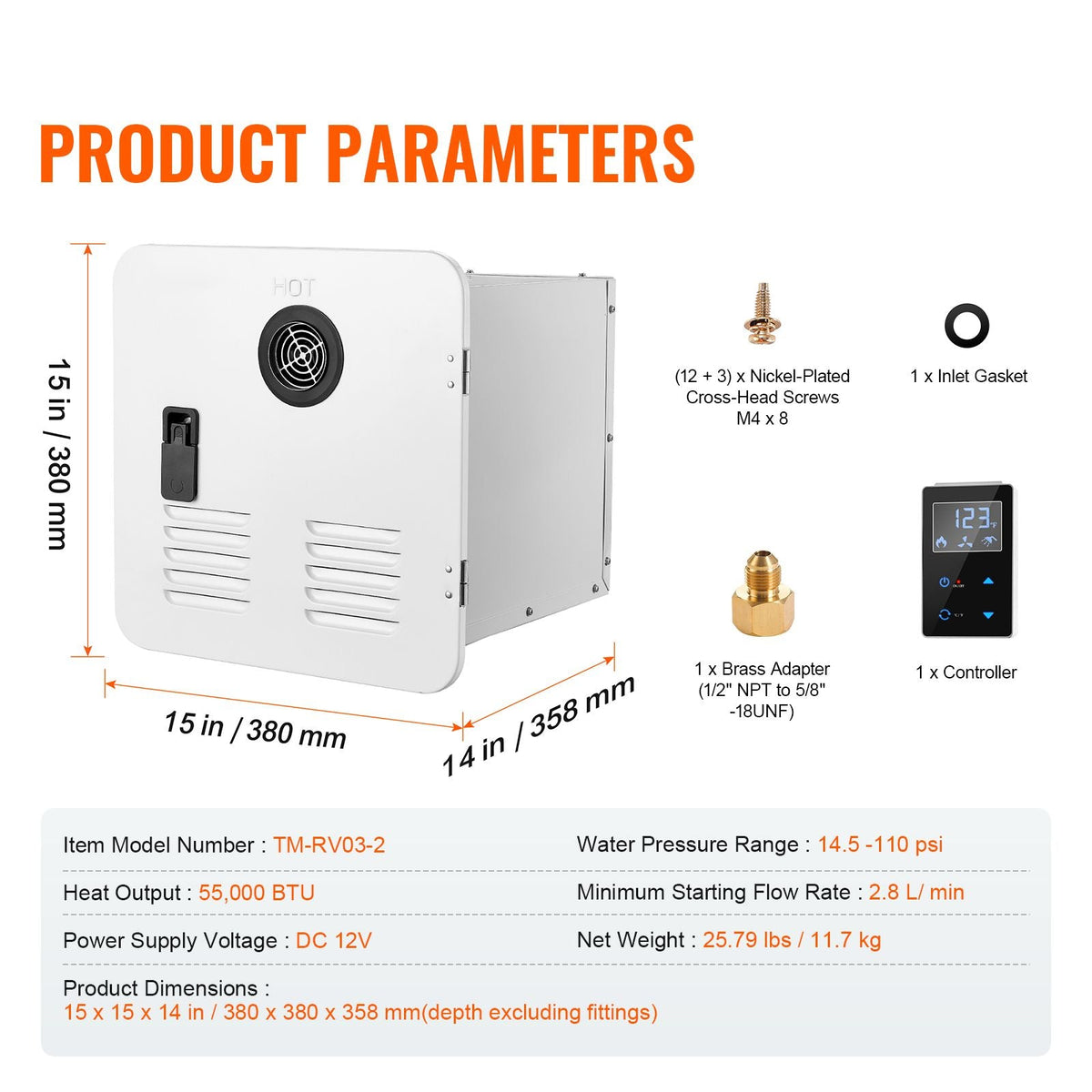 RV Tankless Water Heater, Instant Shower with 15 x 15 inches White Door and Remote Controller, 55000BTU Optimized Comfort Performance Hot Water, Ideal for RVers' Family Everyday Use