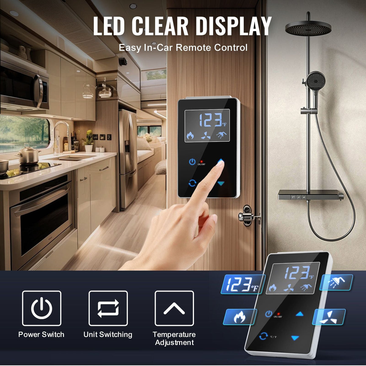 RV Tankless Water Heater, Instant Shower with 15 x 15 inches White Door and Remote Controller, 65000BTU Optimized Comfort Performance Hot Water, Ideal for RVers' Family Everyday Use
