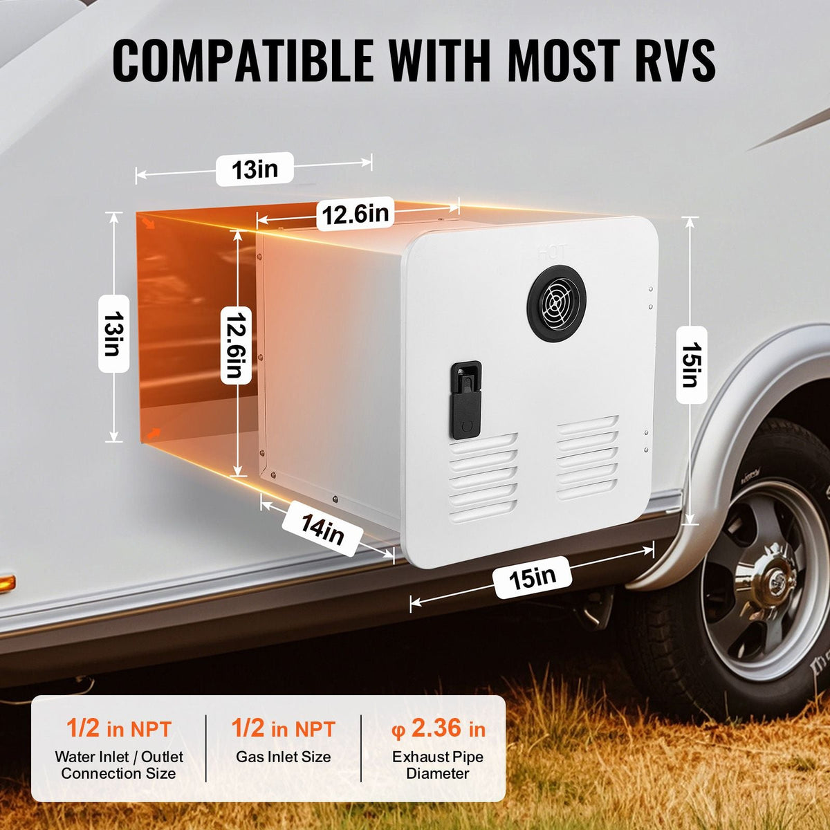 RV Tankless Water Heater, Instant Shower with 15 x 15 inches White Door and Remote Controller, 65000BTU Optimized Comfort Performance Hot Water, Ideal for RVers' Family Everyday Use