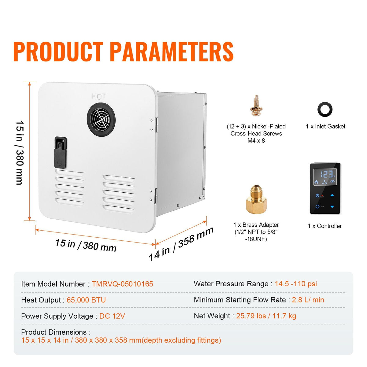 RV Tankless Water Heater, Instant Shower with 15 x 15 inches White Door and Remote Controller, 65000BTU Optimized Comfort Performance Hot Water, Ideal for RVers' Family Everyday Use
