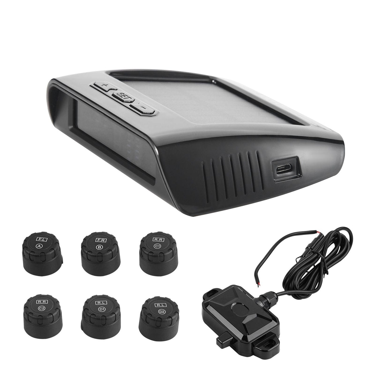 RV Tire Pressure Monitoring System, 7.3-116 PSI Trailer TPMS, Universal Wireless Car Alarm System, Waterproof TPMS Sensors Set with Solar Charge, 6 Sensors, 5 Alarm Modes, and Real-time Display