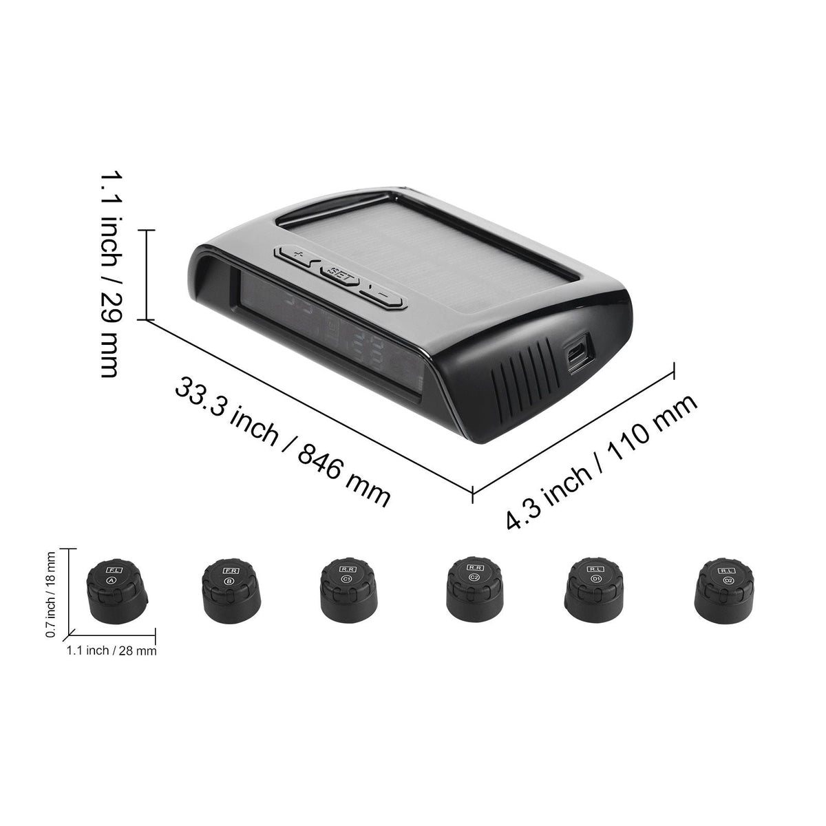 RV Tire Pressure Monitoring System, 7.3-116 PSI Trailer TPMS, Universal Wireless Car Alarm System, Waterproof TPMS Sensors Set with Solar Charge, 6 Sensors, 5 Alarm Modes, and Real-time Display