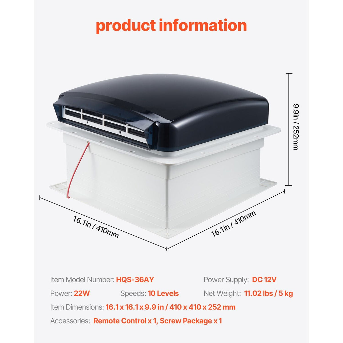 RV Vent Fan, 14 inch RV Roof Vent Fan 12V, Powerful 10-Speed Reversible Fan with Remote Control, Built-in Rain Cover, Power Top Lid,12 inch Fan Blade,Fits 14 x14 inch Roof Openings