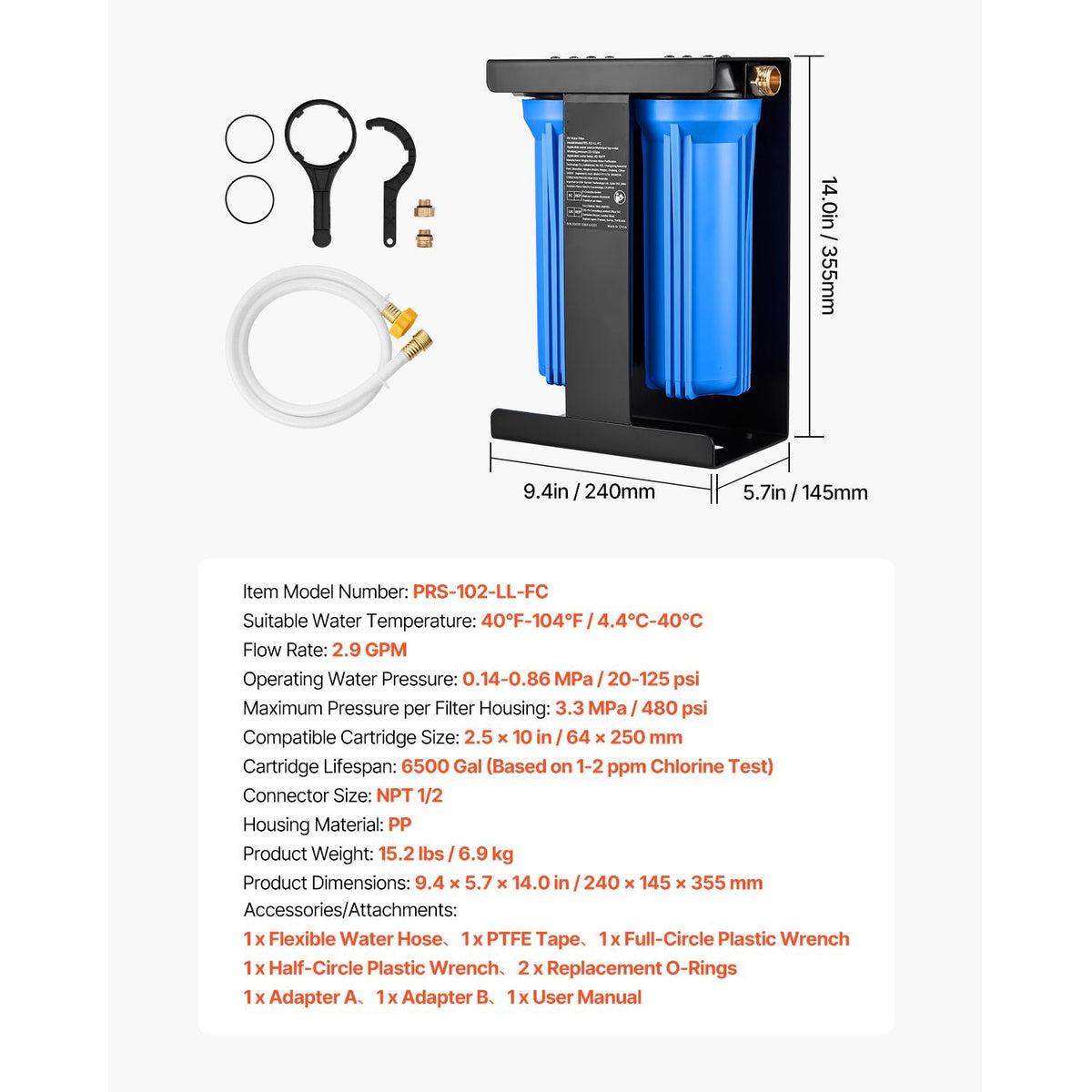 RV Water Filtration System, 2-Cartridge Water Filter System for Campers, Remove Chlorine, Bad Tastes, Odors, and Most Contaminants, RV Filter with Bracket for RVs, Boats, Vans