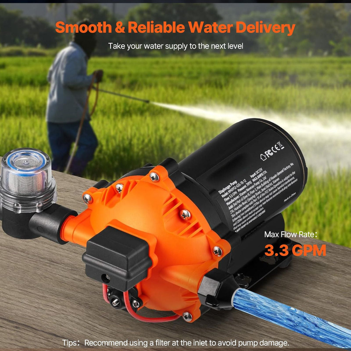 RV Water Pressure Diaphragm Pump 3Chambers 110V 3.3GPM 45PSI Adjustable Presssure Fresh Water Pump, Self Priming Sprayer Pump for RV Camper Marine Boat Lawn