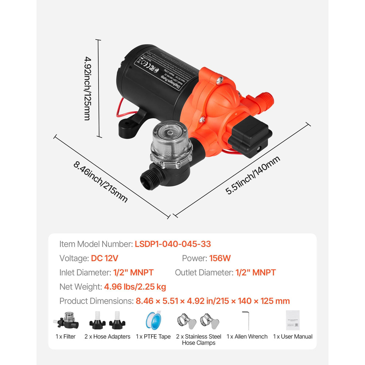 RV Water Pump, 12V DC 4 GPM (15.1 L/min), 3-Chamber Self-Priming Diaphragm Water Pump with Automatic Pressure Switch, 40 PSI Max Pressure, On Demand for RV, Caravan, Marine, Yacht, Car Washing
