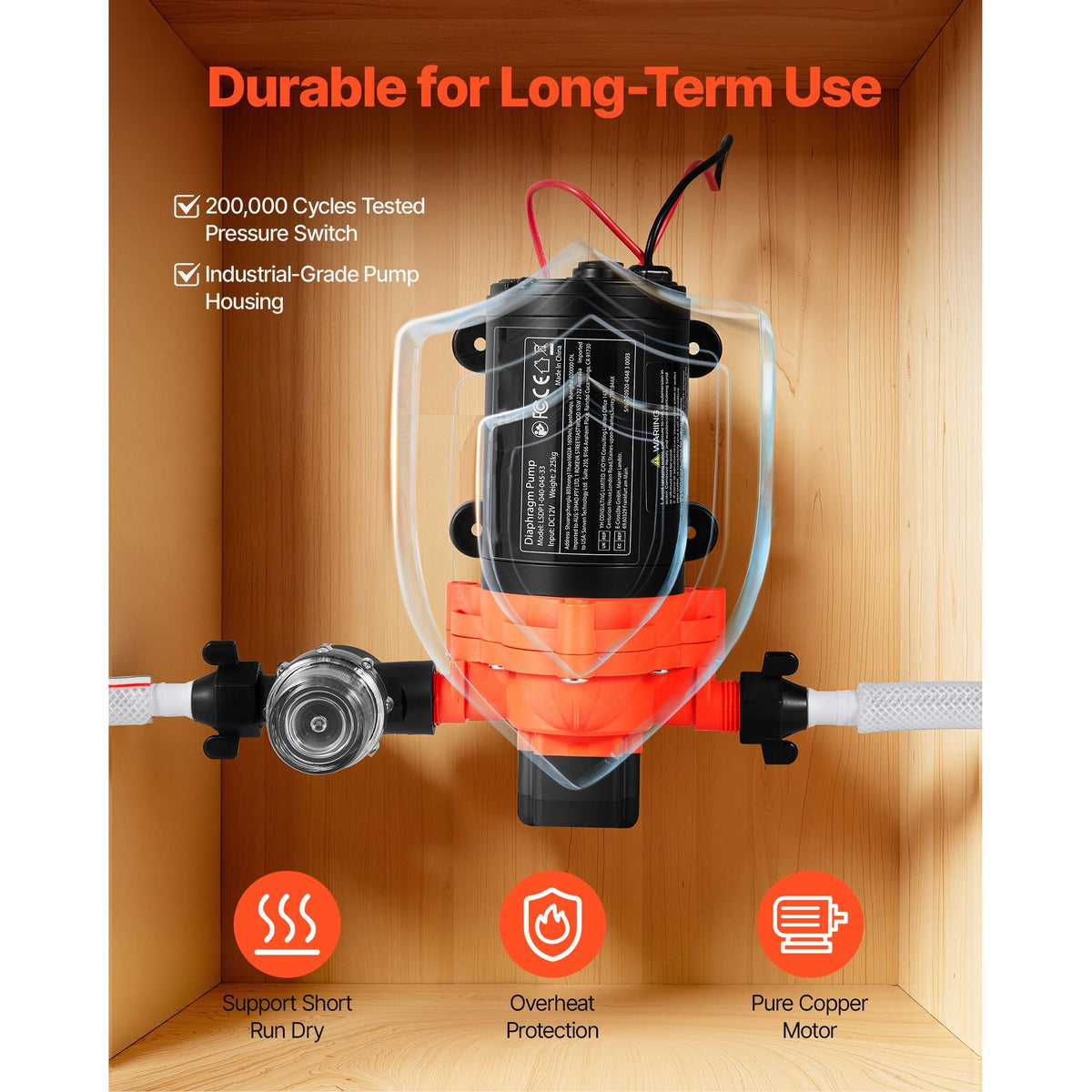 RV Water Pump, 12V DC 4 GPM (15.1 L/min), 3-Chamber Self-Priming Diaphragm Water Pump with Automatic Pressure Switch, 40 PSI Max Pressure, On Demand for RV, Caravan, Marine, Yacht, Car Washing