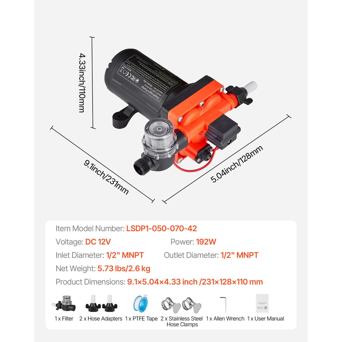 RV Water Pump, 12V DC 5 GPM (18.9 L/min), 4-Chamber Self-Priming Diaphragm Water Pump with Automatic Pressure Switch, 70 PSI Max Pressure, On Demand for RV, Caravan, Marine, Yacht, Car Washing