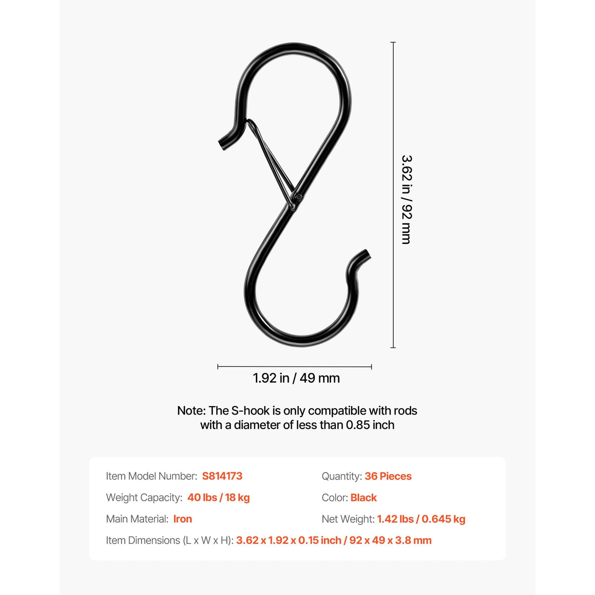 S Hooks 36 Pack, 39.68 LBS Capacity for Bars up to 0.85 Inch, S Shaped Hooks with Safety Buckle, Heavy Duty Metal Hangers for Plants, Jeans, Clothes in Garden, Closet, Kitchen, Bedroom, Black