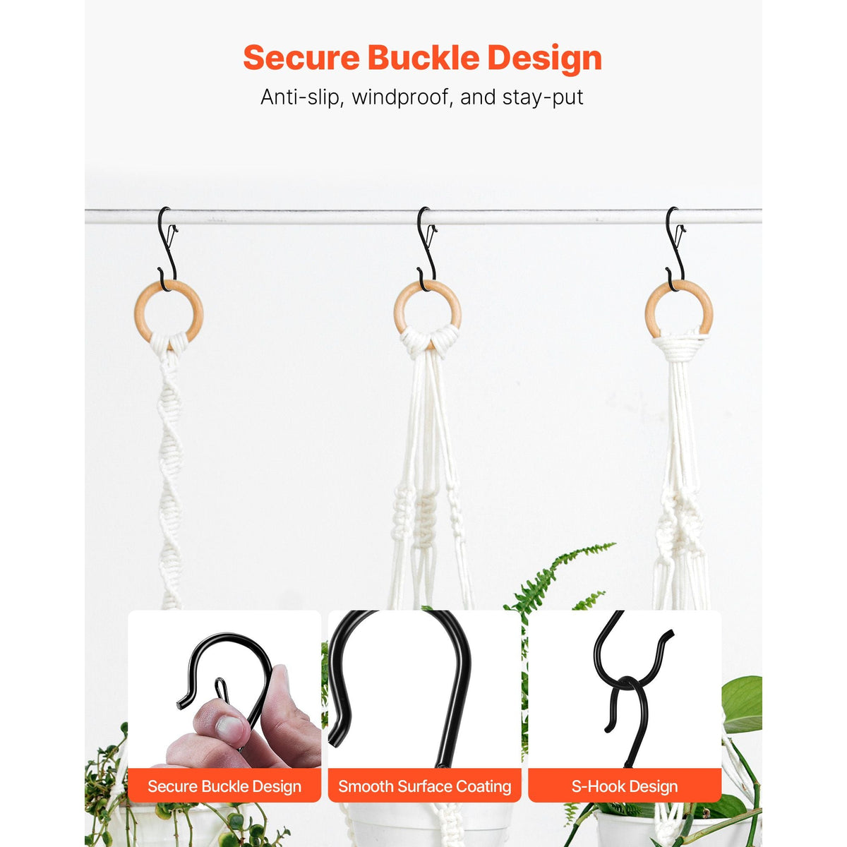 S Hooks 36 Pack, 39.68 LBS Capacity for Bars up to 0.85 Inch, S Shaped Hooks with Safety Buckle, Heavy Duty Metal Hangers for Plants, Jeans, Clothes in Garden, Closet, Kitchen, Bedroom, Black