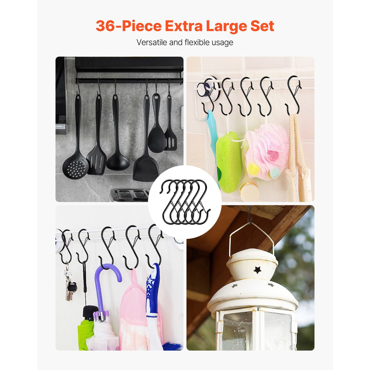 S Hooks 36 Pack, 39.68 LBS Capacity for Bars up to 0.85 Inch, S Shaped Hooks with Safety Buckle, Heavy Duty Metal Hangers for Plants, Jeans, Clothes in Garden, Closet, Kitchen, Bedroom, Black