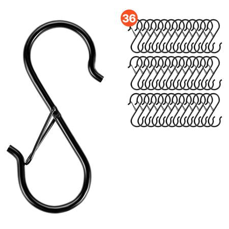 S Hooks 36 Pack, 39.68 LBS Capacity for Bars up to 0.85 Inch, S Shaped Hooks with Safety Buckle, Heavy Duty Metal Hangers for Plants, Jeans, Clothes in Garden, Closet, Kitchen, Bedroom, Black