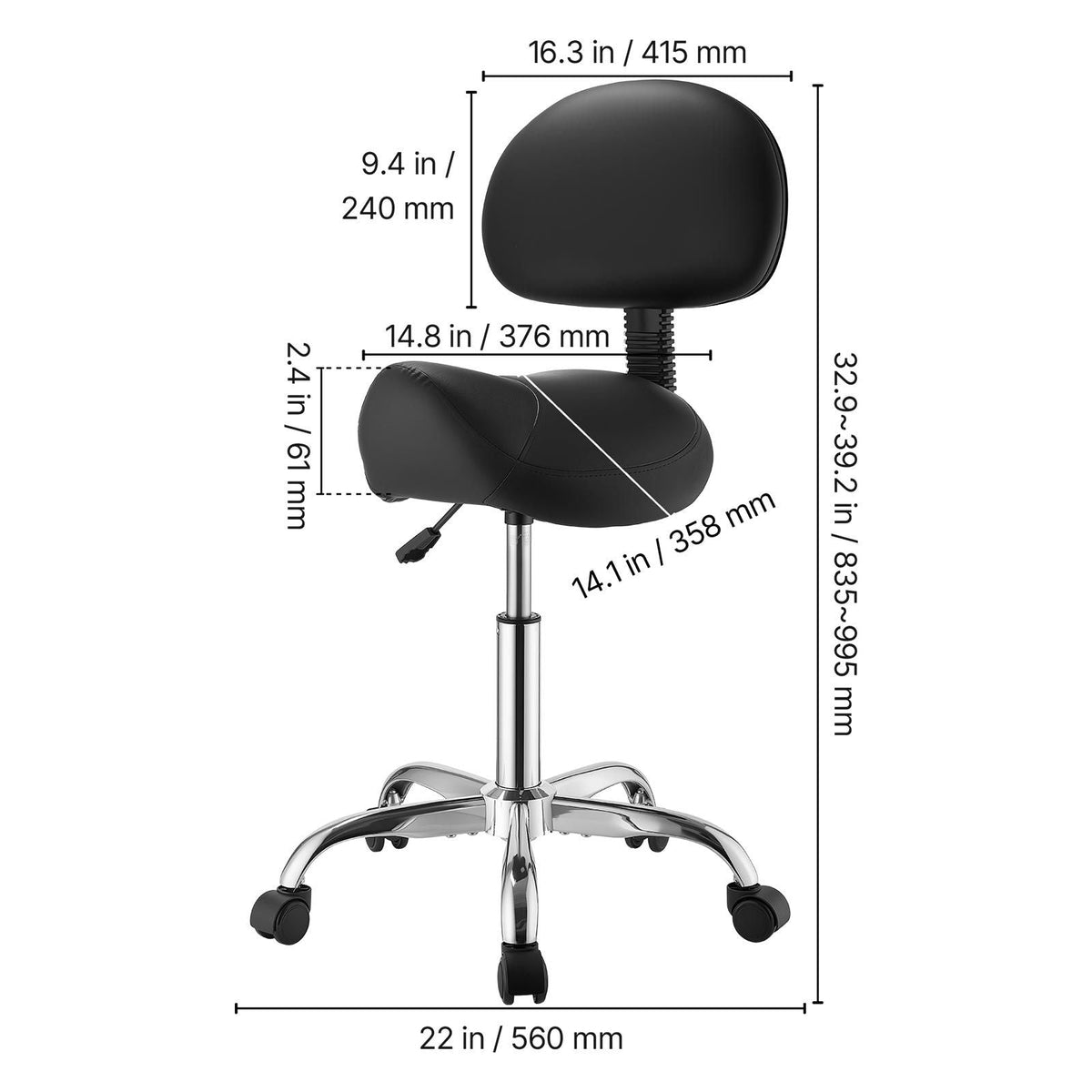 Saddle Stool with Back Support, 500 lbs Weight Capacity, Height Adjustable, Ergonomic PU Leather Seat, 360° Swivel Saddle Stool Rolling Chair with Wheels for Salon, Spa, Bar, Medical, Black