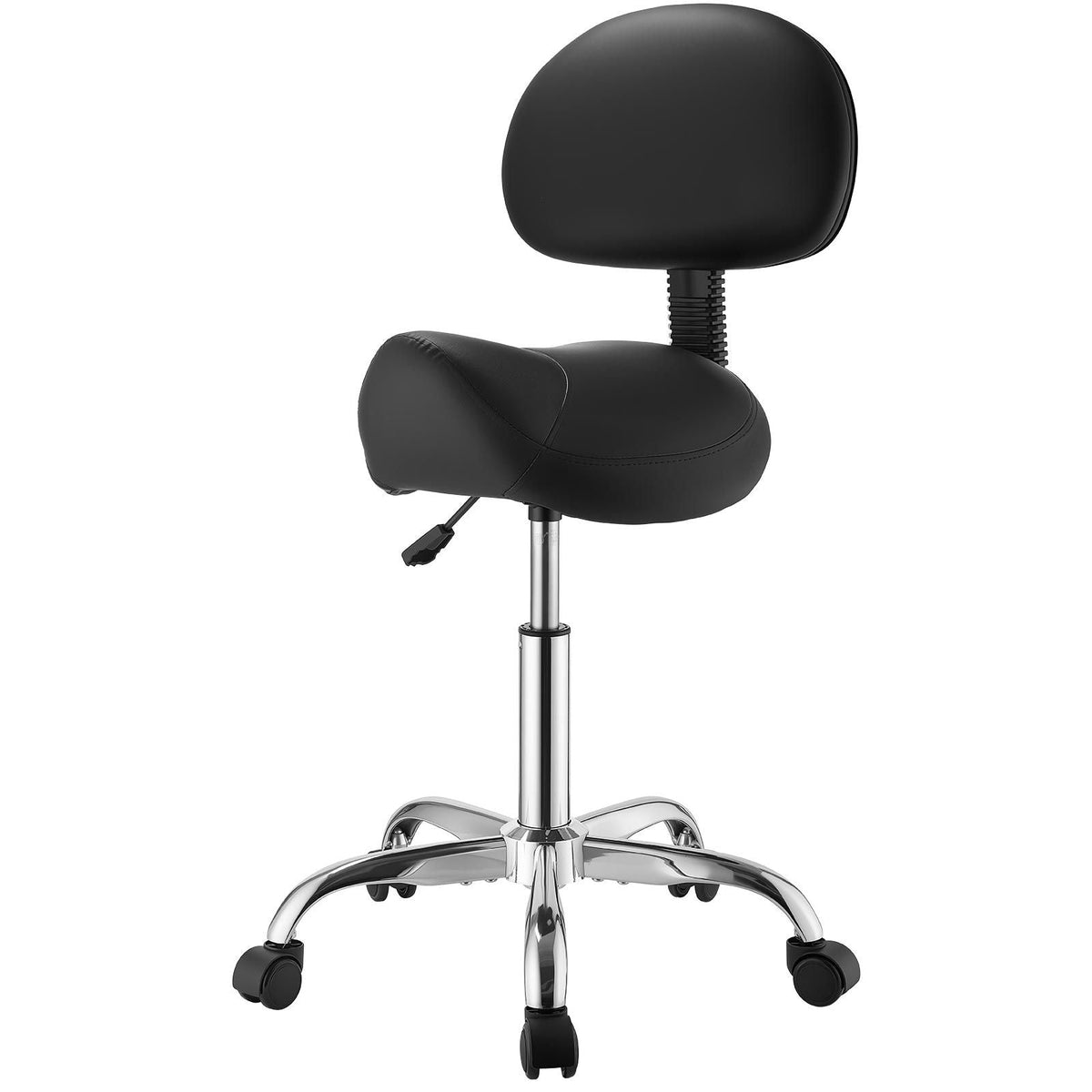 Saddle Stool with Back Support, 500 lbs Weight Capacity, Height Adjustable, Ergonomic PU Leather Seat, 360° Swivel Saddle Stool Rolling Chair with Wheels for Salon, Spa, Bar, Medical, Black