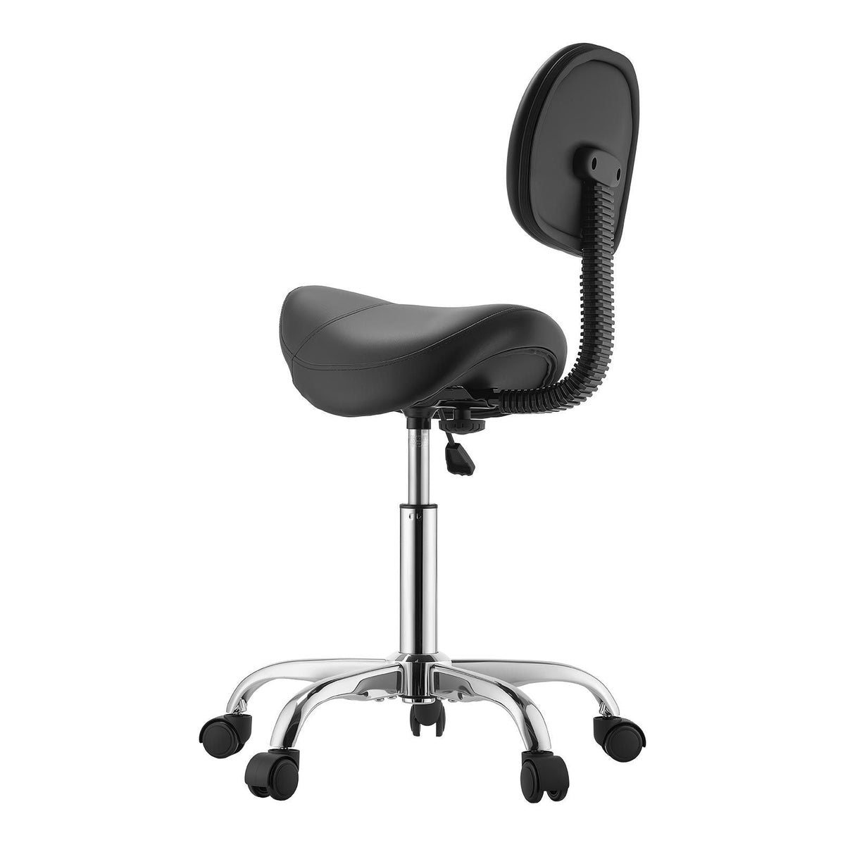Saddle Stool with Back Support, 500 lbs Weight Capacity, Height Adjustable, Ergonomic PU Leather Seat, 360° Swivel Saddle Stool Rolling Chair with Wheels for Salon, Spa, Bar, Medical, Black