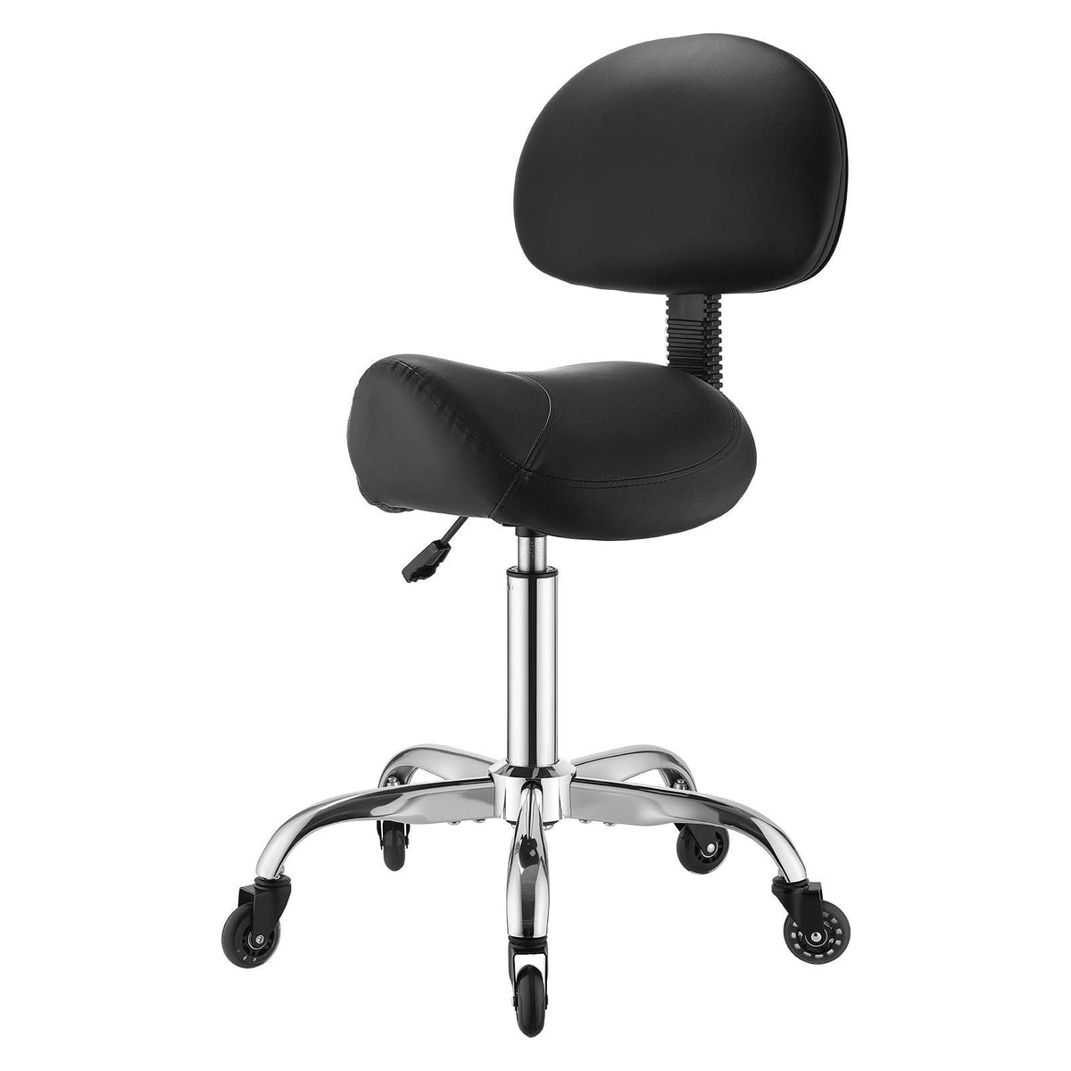 Saddle Stool with Back Support, 500 lbs Weight Capacity, Height Adjustable, Quiet Casters, Ergonomic PU Leather Seat, 360° Swivel Saddle Stool Rolling Chair for Salon, Spa, Bar, Medical, Black