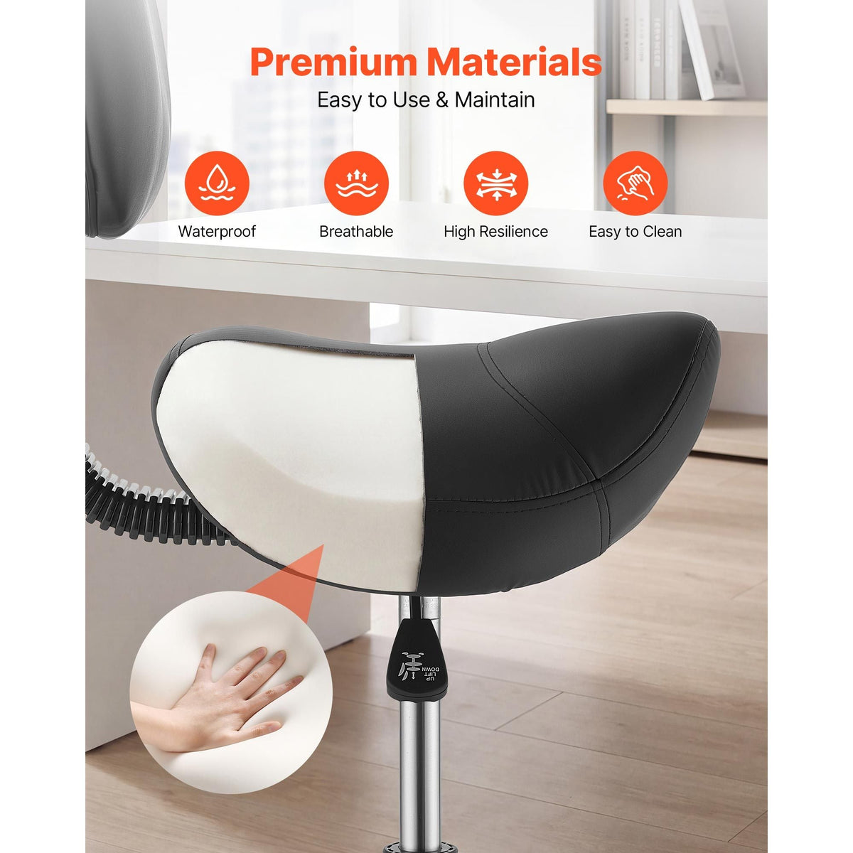 Saddle Stool with Back Support, 500 lbs Weight Capacity, Height Adjustable, Quiet Casters, Ergonomic PU Leather Seat, 360° Swivel Saddle Stool Rolling Chair for Salon, Spa, Bar, Medical, Black