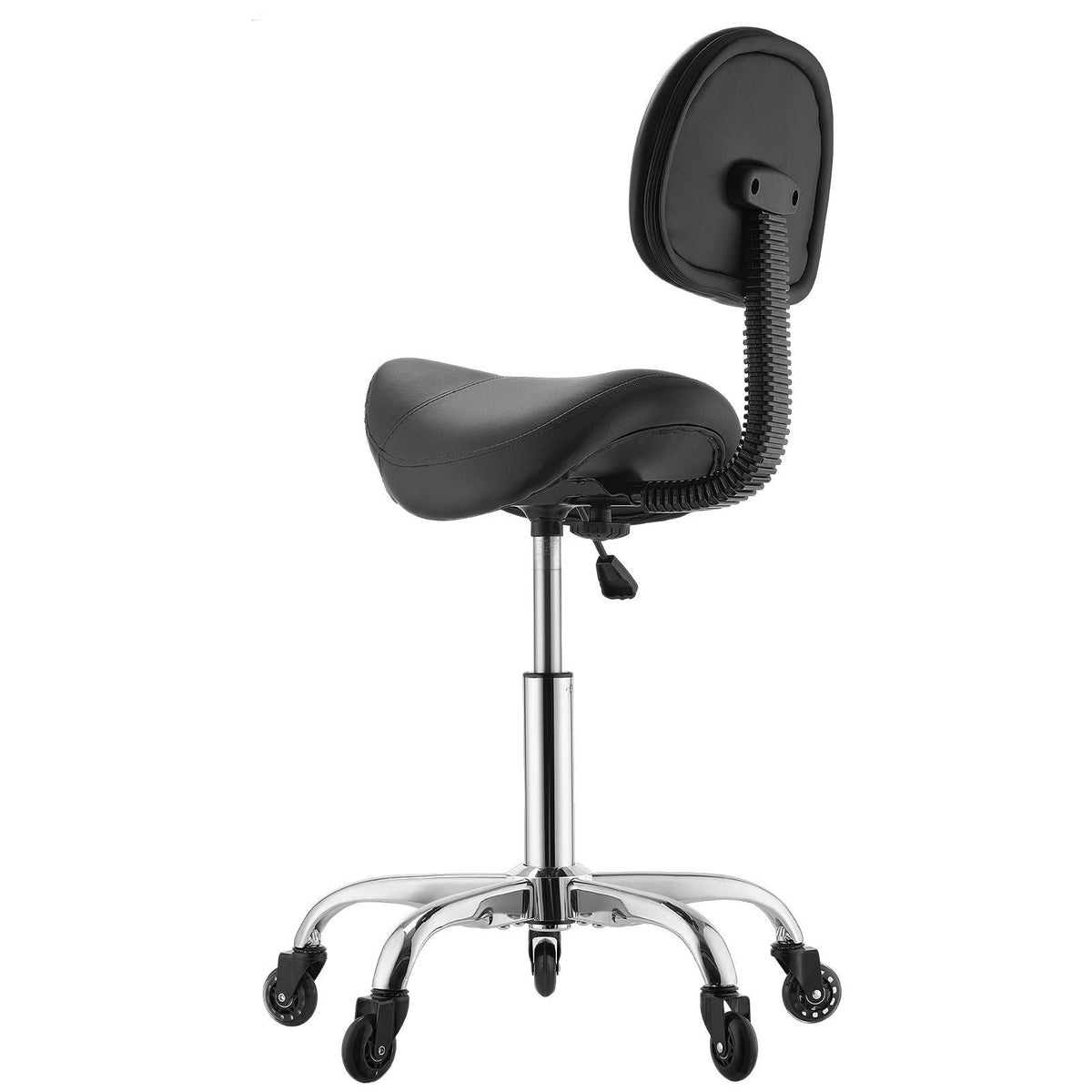 Saddle Stool with Back Support, 500 lbs Weight Capacity, Height Adjustable, Quiet Casters, Ergonomic PU Leather Seat, 360° Swivel Saddle Stool Rolling Chair for Salon, Spa, Bar, Medical, Black