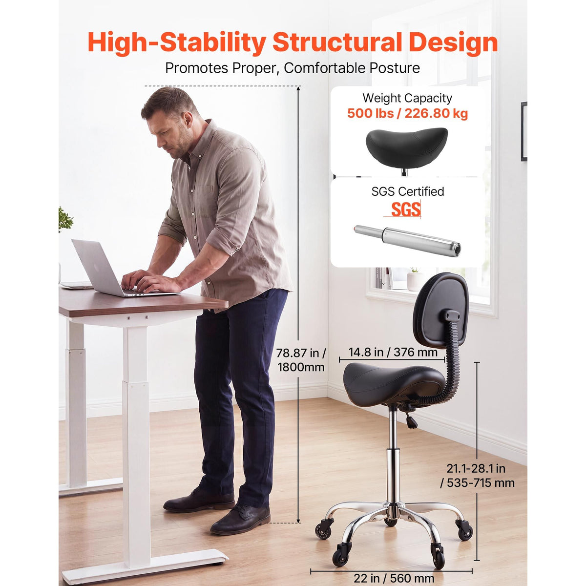 Saddle Stool with Back Support, 500 lbs Weight Capacity, Height Adjustable, Quiet Casters, Ergonomic PU Leather Seat, 360° Swivel Saddle Stool Rolling Chair for Salon, Spa, Bar, Medical, Black