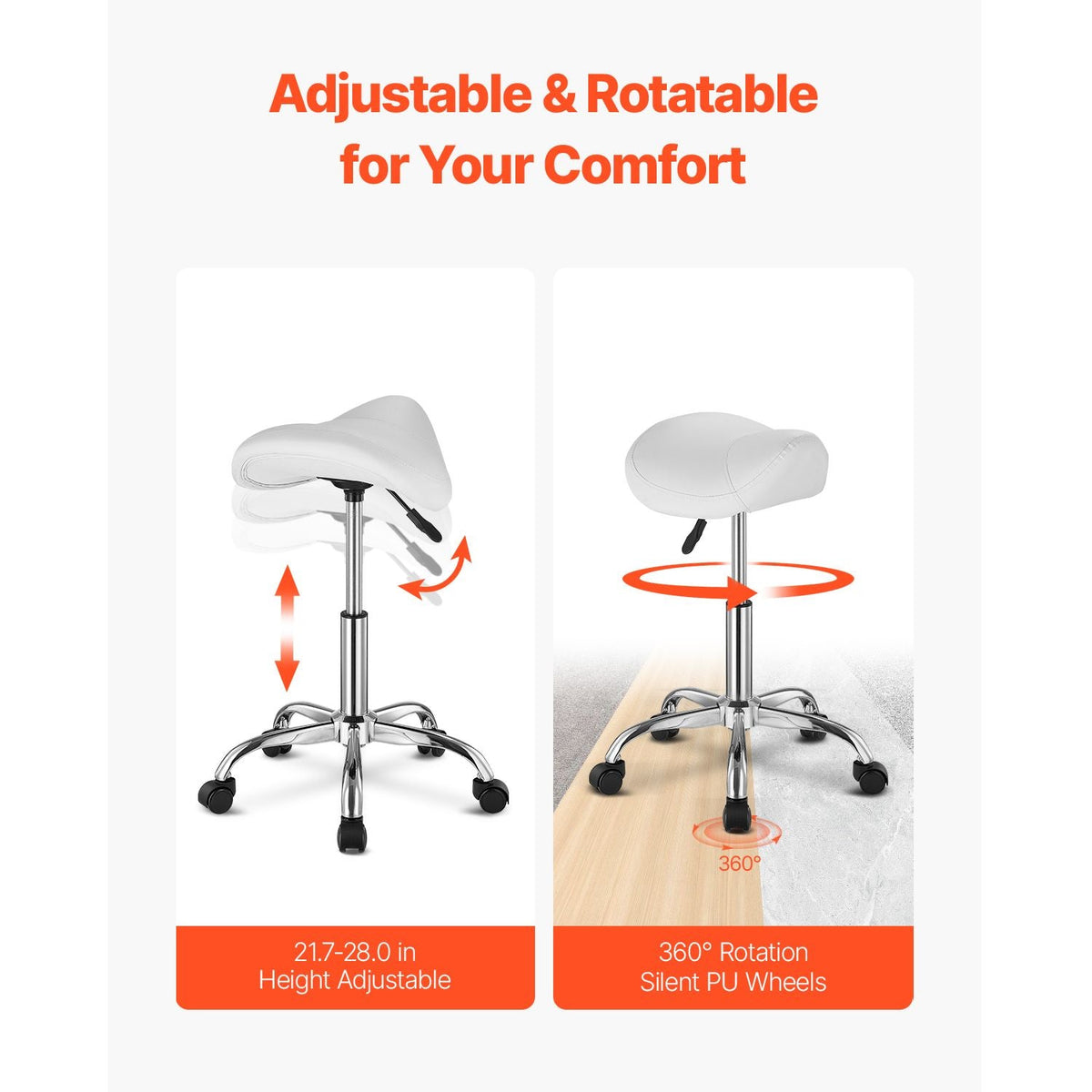 Saddle Stool with Wheels, 450 LBS Weight Capacity Ergonomic Rolling Stool, Height Adjustable Thickened PU Leather Swivel Saddle Chair for Salon, Spa, Massage, Tattoo, Clinic, White