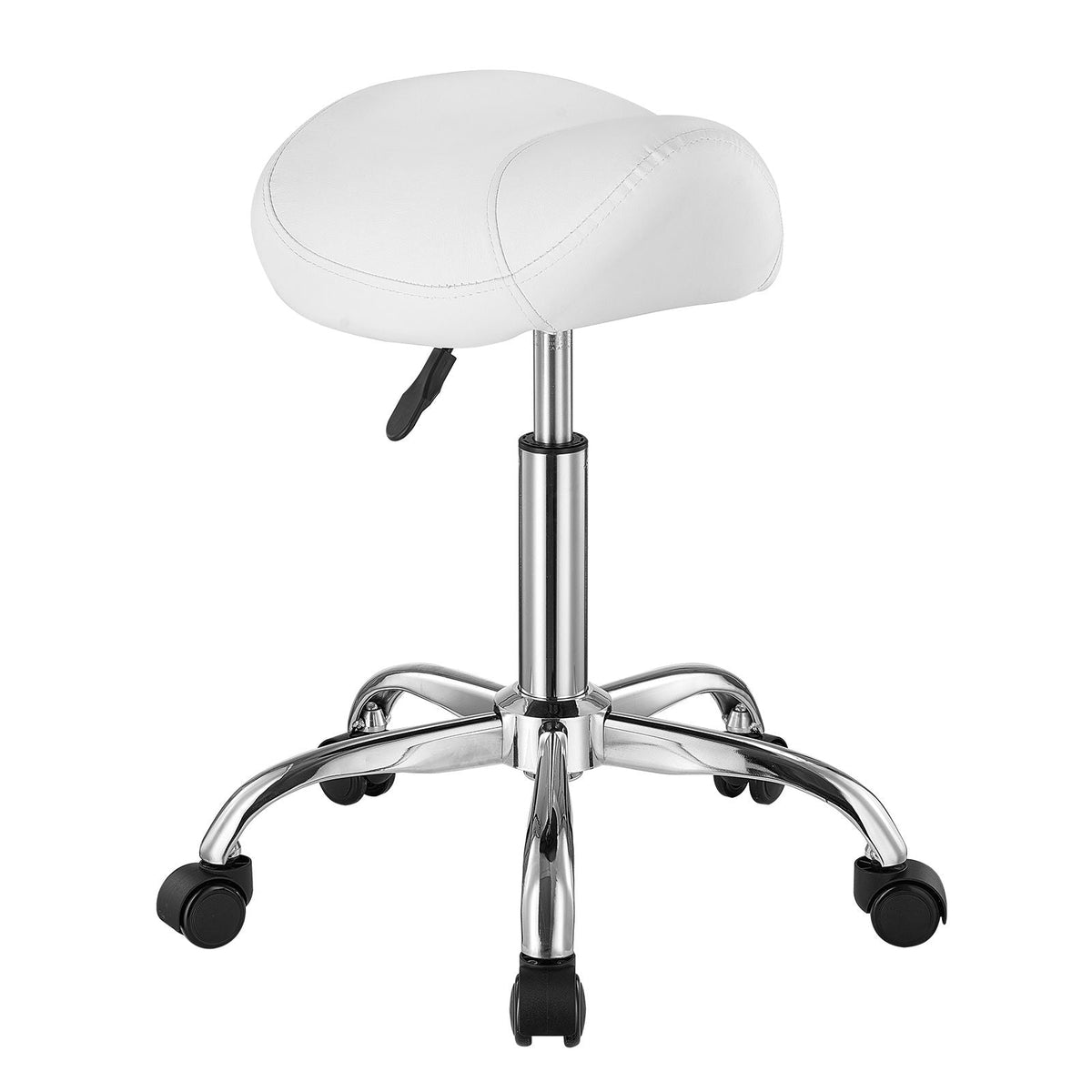 Saddle Stool with Wheels, 450 LBS Weight Capacity Ergonomic Rolling Stool, Height Adjustable Thickened PU Leather Swivel Saddle Chair for Salon, Spa, Massage, Tattoo, Clinic, White