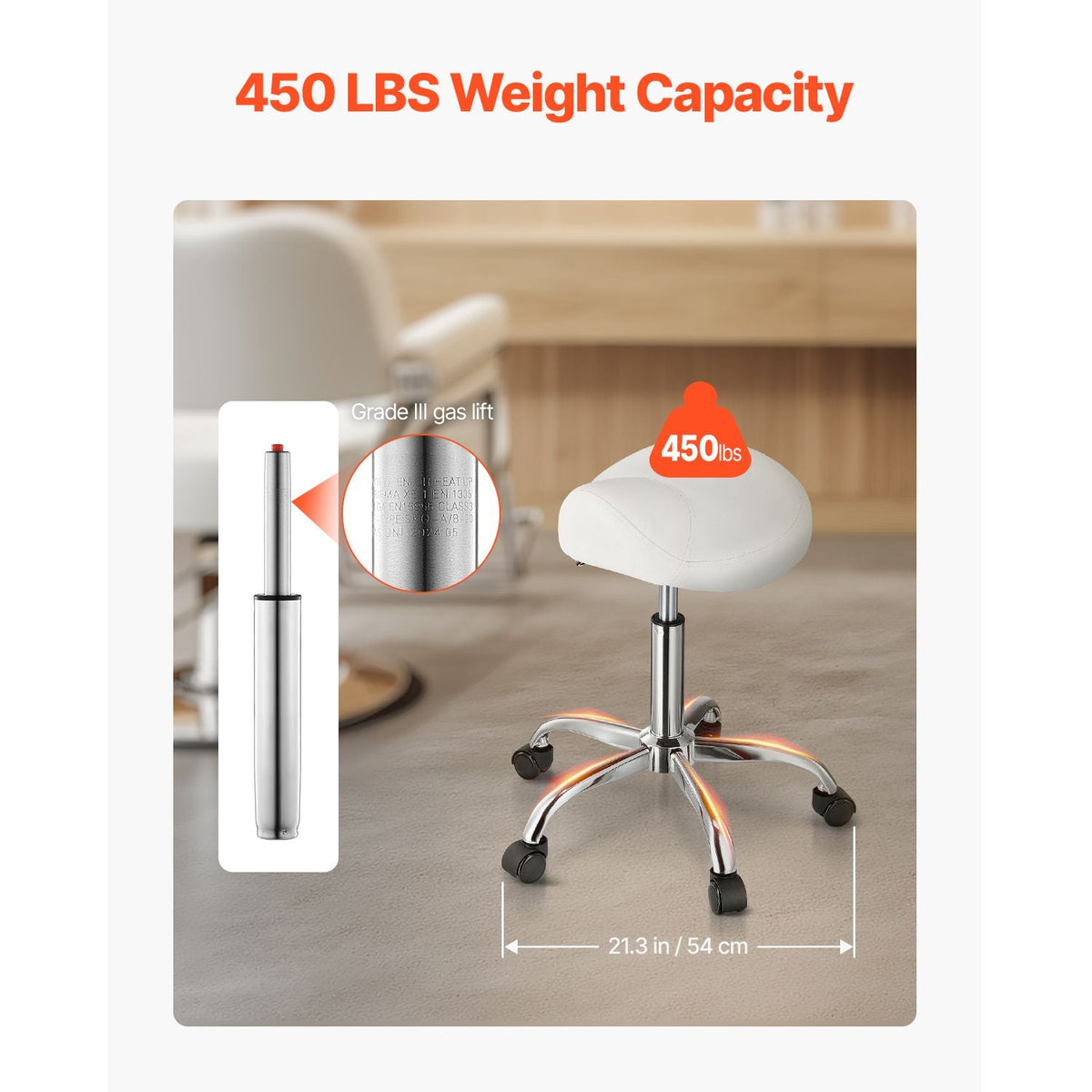 Saddle Stool with Wheels, 450 LBS Weight Capacity Ergonomic Rolling Stool, Height Adjustable Thickened PU Leather Swivel Saddle Chair for Salon, Spa, Massage, Tattoo, Clinic, White
