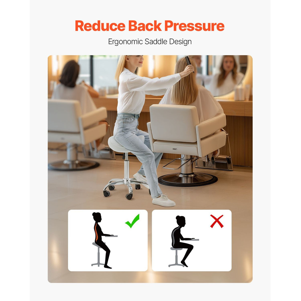 Saddle Stool with Wheels, 450 LBS Weight Capacity Ergonomic Rolling Stool, Height Adjustable Thickened PU Leather Swivel Saddle Chair for Salon, Spa, Massage, Tattoo, Clinic, White