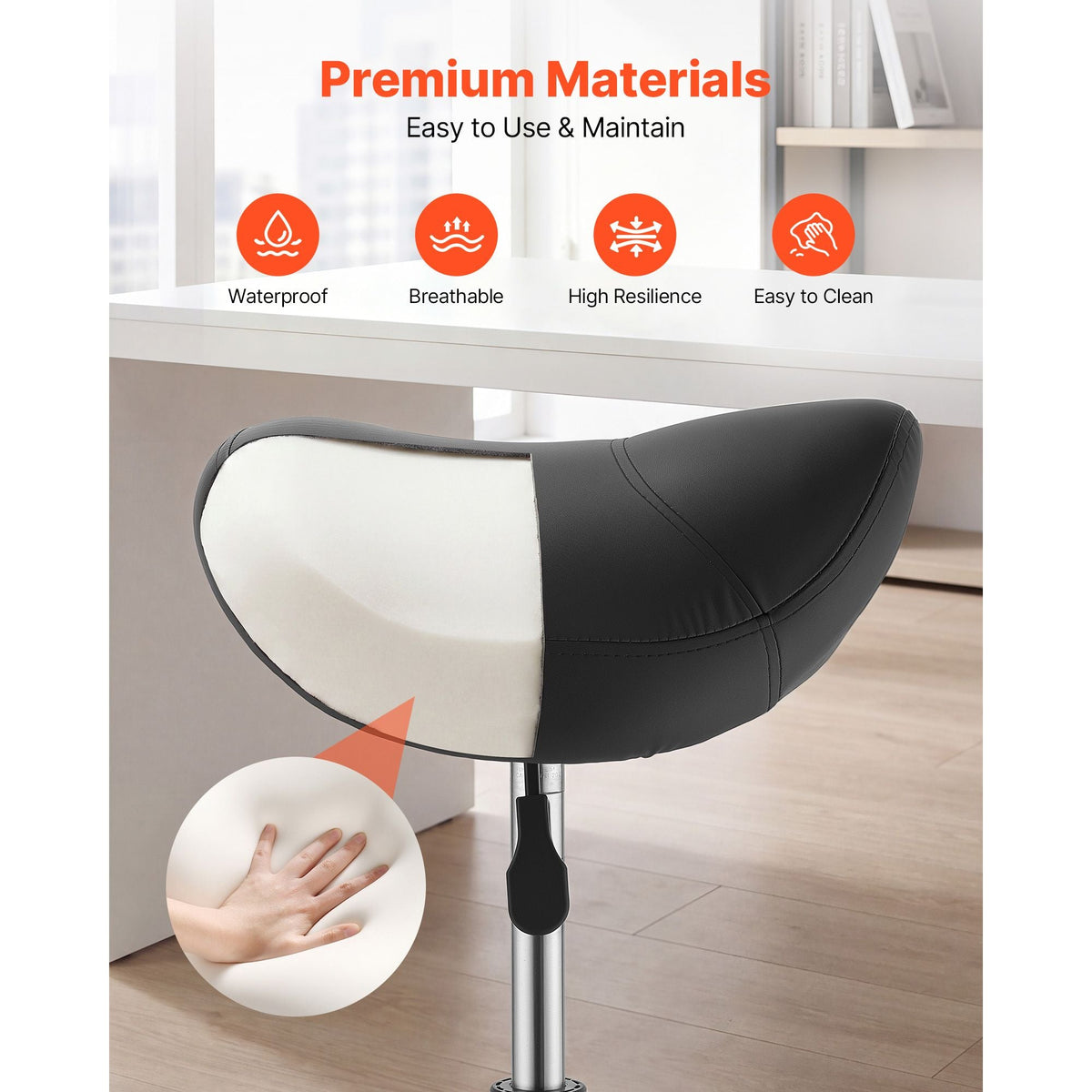 Saddle Stool with Wheels, 500 lbs Weight Capacity, Height Adjustable, Ergonomic PU Leather Seat, 360° Swivel Saddle Stool Rolling Chair for Salon, Spa, Bar, Home, Medical, and Massage, Black
