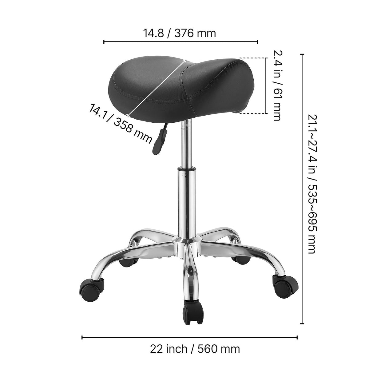 Saddle Stool with Wheels, 500 lbs Weight Capacity, Height Adjustable, Ergonomic PU Leather Seat, 360° Swivel Saddle Stool Rolling Chair for Salon, Spa, Bar, Home, Medical, and Massage, Black