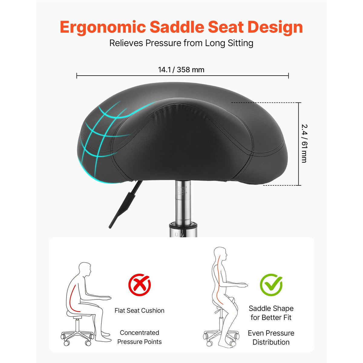 Saddle Stool with Wheels, 500 lbs Weight Capacity, Height Adjustable, Ergonomic PU Leather Seat, 360° Swivel Saddle Stool Rolling Chair for Salon, Spa, Bar, Home, Medical, and Massage, Black