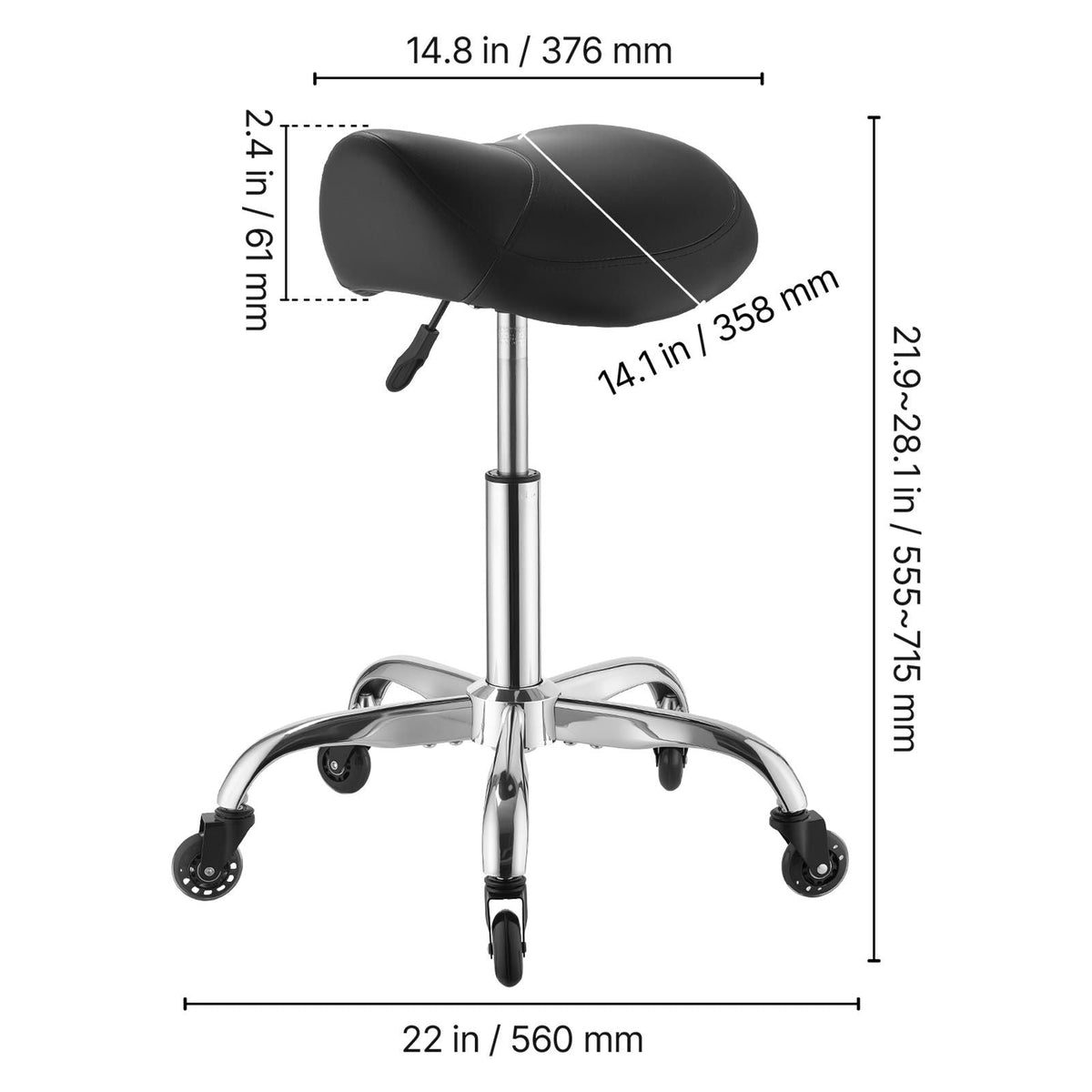 Saddle Stool with Wheels, 500 lbs Weight Capacity, Height Adjustable, Quiet Casters, Ergonomic PU Leather Seat, 360° Swivel Saddle Stool Rolling Chair for Salon, Spa, Bar, Home, Medical, Black