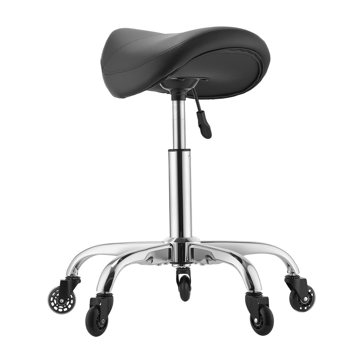Saddle Stool with Wheels, 500 lbs Weight Capacity, Height Adjustable, Quiet Casters, Ergonomic PU Leather Seat, 360° Swivel Saddle Stool Rolling Chair for Salon, Spa, Bar, Home, Medical, Black